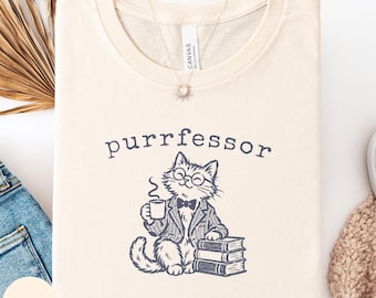 Purrfessor Bella Canvas 3001 shirt, cat lover professor gift, college and university teacher top, vintage retro cat owner shirt