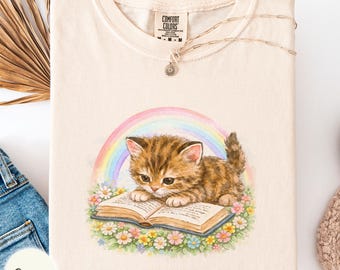 Floral Kitten reading a book Comfort Colors shirt, vintage floral cat mom tee, gift for bookworms, cottagecore cat outfit, librarian tee