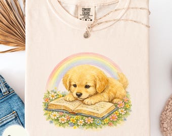 Floral Golden retriever reading a book Comfort Colors shirt, vintage floral dog mom tee, bookish gift, cottagecore dog outfit, reader tee
