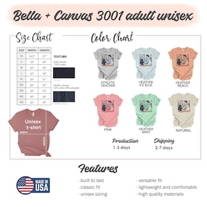 May include: A Bella + Canvas 3001 unisex t-shirt size and color chart. It displays a table with width and length measurements in inches, fabric texture details, and six t-shirt color options featuring a graphic of cats eating ramen.