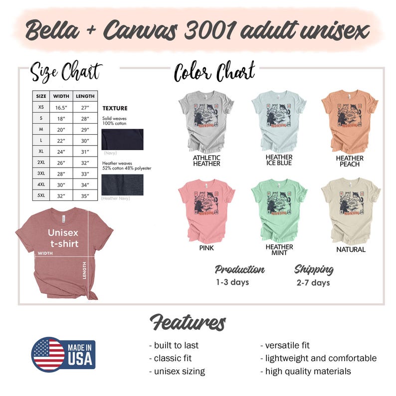 May include: A Bella + Canvas 3001 unisex t-shirt size and color chart. It displays a table with width and length measurements in inches, fabric texture details, and six t-shirt color options featuring a graphic of cats eating ramen.