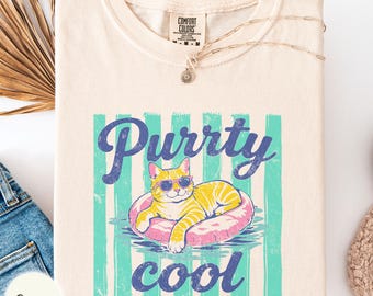 Purrty cool Comfort Colors shirt, cat in a floatie summer vacation tee, cruise party outfit, cat lover gift, beachy tomato girl clothes