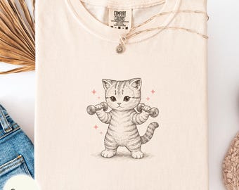 Vintage retro cat working out Comfort Colors shirt, motivational cat mom workout outfit, athletic cat lady gift, exercise instructor tee