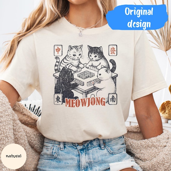 Meowjong Bella Canvas 3001 shirt, cats playing Mahjong outfit, vintage Chinese tile game gift, Mah Jong player present, cat mom tee