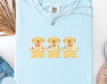 Dogs holding Mahjong tiles Comfort Colors shirt, gift for Mahjong lovers, Golden Retriever mom outfit, Chinese game tee, crack dot bam
