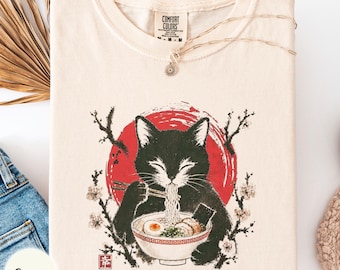Cat eating ramen Japanese sumi-e style Comfort Colors shirt, noodles and cat lover tee, vintage kawaii cat gift, kitty cat mom present
