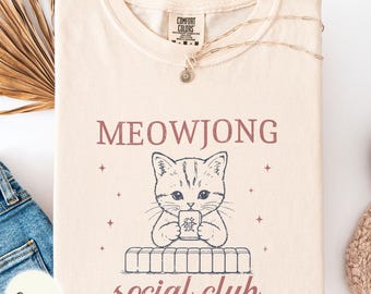 Meowjong social club Comfort Colors shirt, cat with Mahjong tile outfit, cat mom present, strategy gamer gift, cat lady top, kitty tee