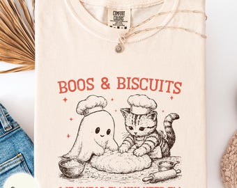 Boos & biscuits Comfort Colors shirt, cat and ghost kneading dough tee, spooky season outfit, Halloween kitty top, funny baker gift