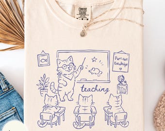 Cat teacher teaching class Comfort Colors shirt, cat mom grade teacher tee, last day of school gift, cat lady outfit, hand drawn top