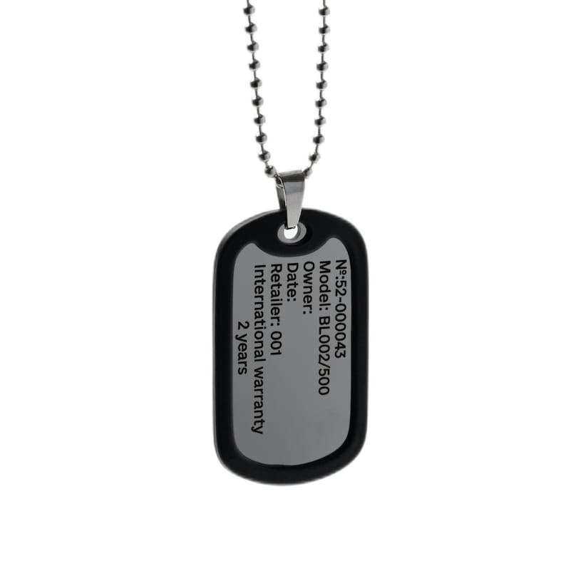 May include: A black dog tag necklace with a silver tag that reads "N&ordm;:52-000043 Model: BLO02/500 Owner: Date: Retailer: 001 International warranty 2 years".