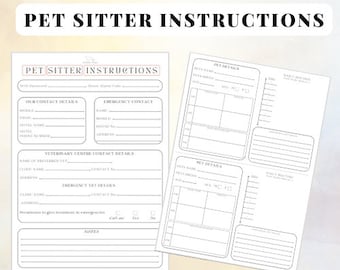 Op de afbeelding: Twee afdrukbare instructiebladen voor oppassers met invulvelden voor contactgegevens, diergegevens en dagelijkse routines. De tekst "PET SITTER INSTRUCTIONS" staat bovenaan in vette, zwarte letters.