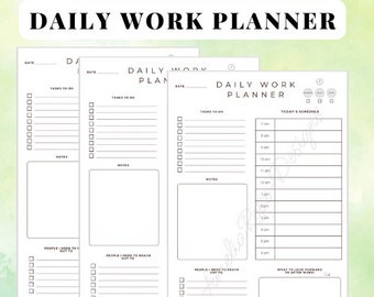 Puede incluir: Varios planificadores de trabajo diarios blancos con un diseño minimalista. Cada planificador incluye secciones para tareas, notas y un horario. El texto "Download PDF, Print & Fill!" y "DAILY WORK PLANNER" se muestra en la parte superior.