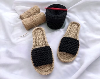 Handmade black  women Crochet Espadrille Slides rubber sole/Cotton women slippers  /Hemp women slides/ Custom made shoes /model "NOIR"