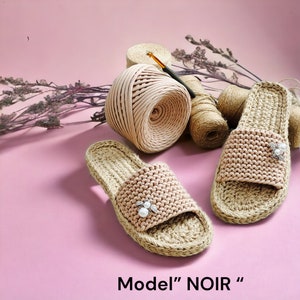Handmade  women Crochet Espadrille Slides rubber sole/Eco friendly shoes /Casual slides/Custom made by order /model &quot;NOIR&quot;