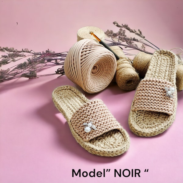Handmade  women Crochet Espadrille Slides rubber sole/Eco friendly shoes /Casual slides/Custom made by order /model "NOIR"
