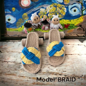 Handmade women Crochet Espadrille Slides rubber sole/Handmade women fashion slippers / Hemp slides/ Summer cotton slippers/model “BRAID”