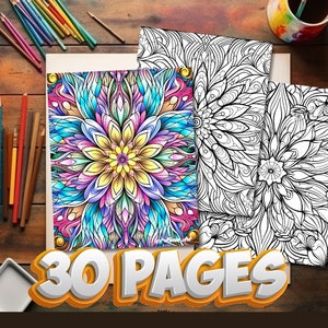 30 druckbare Mandala Malvorlagen + 1 Voll Farbe - Erwachsene + Kinder - Sofortiger Download Graustufen Malseite, Printable PDF, Mandala