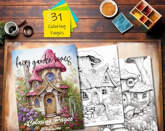 31 Fairy Garden Homes Coloring Page Book, Adults + kids- Instant Download Grayscale Coloring Page, Printable PDF, Fairy coloring
