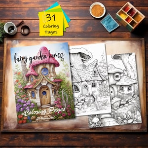 31 Fairy Garden Homes Coloring Page Book, Adults + kids- Instant Download Grayscale Coloring Page, Printable PDF, Fairy coloring