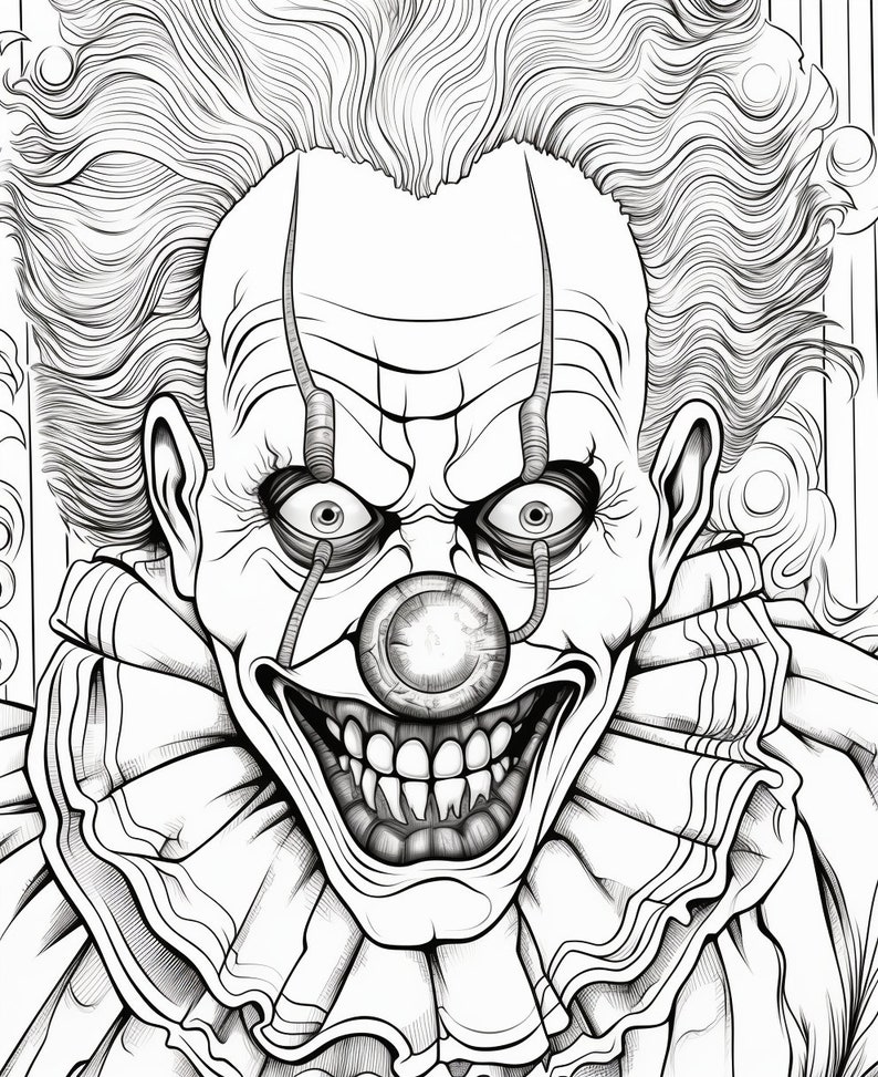 25 Pages Halloween SCARY Clowns Adult Coloring Pages, Adult Coloring