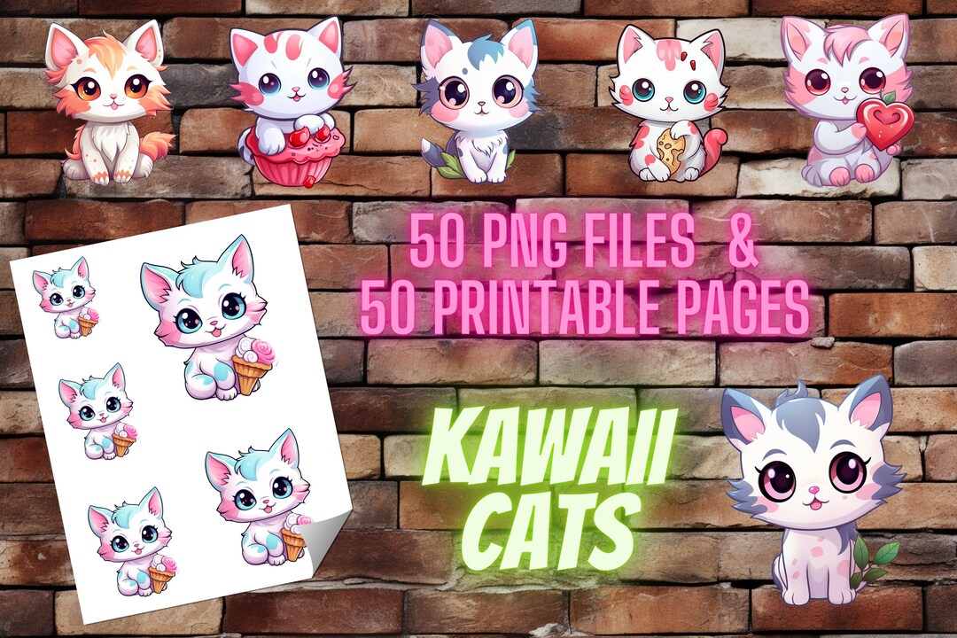 50 Kawaii Cats PNG Files + 50 Printable Pdfs, Printable PNG Files, Fun ...