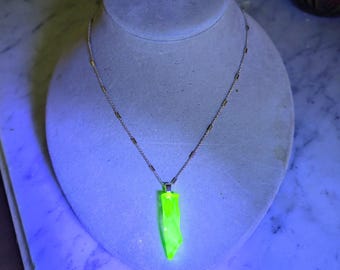 Necklace with vintage uranium glass pendant sourced from Salem, MA river, on goldtone chain necklace. 16" long.