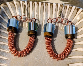 Handmade Striped Cane Bead, Tiger Eye and Coiled Wire Horseshoe-Shape Earrings
