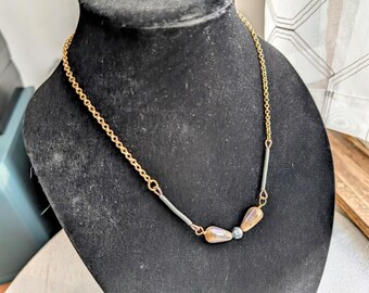 Handmade necklace with galvanized steel wire coils, iridescent glass beads and a pearl, 19" long