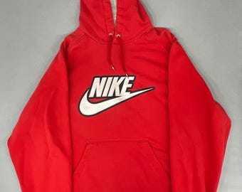 Vintage Y2K Nike Red Spellout Hoodie Big Embroidered Swoosh Logo Pullover, Large