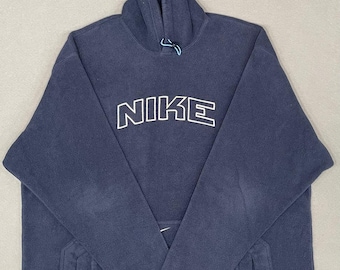 90s Vintage Nike Fleece, Rare Spellout Logo Embroidered Swoosh Navy Hoodie - XL