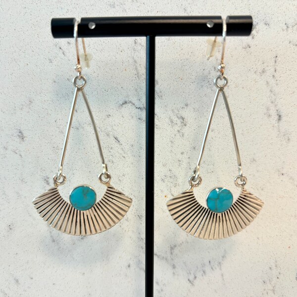 Vintage Sterling Silver Southwestern Fan with Turquoise Dangle Earrings - 925 Taxco Mexico