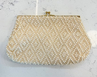 Vintage Creme Elfenbein Perlen Diamant Braut Clutch Geldbörse - Gold Verschluss