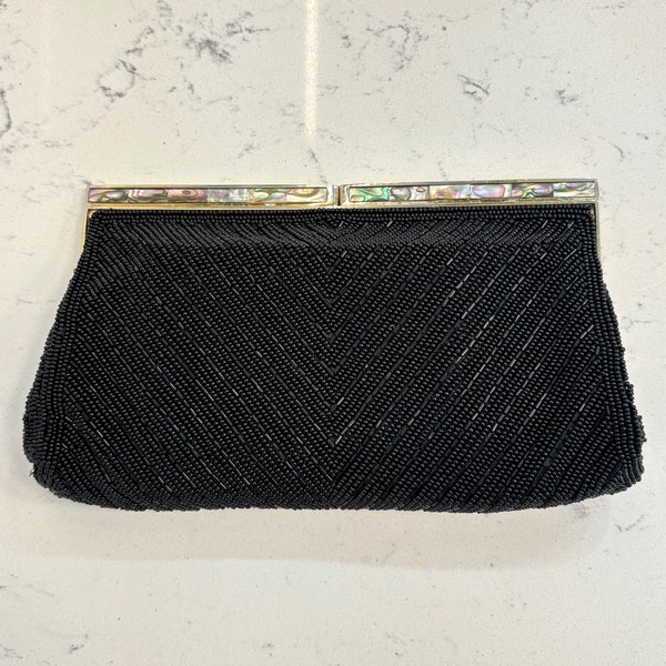 Vintage Black Beaded Clutch with Mother of Pearl Clasp - Made in Japan Evening Bag