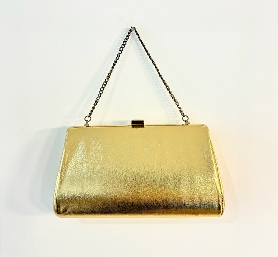 Vintage Gold Faux Leather Purse Convertible Clutch Evening Bag Brass Clasp