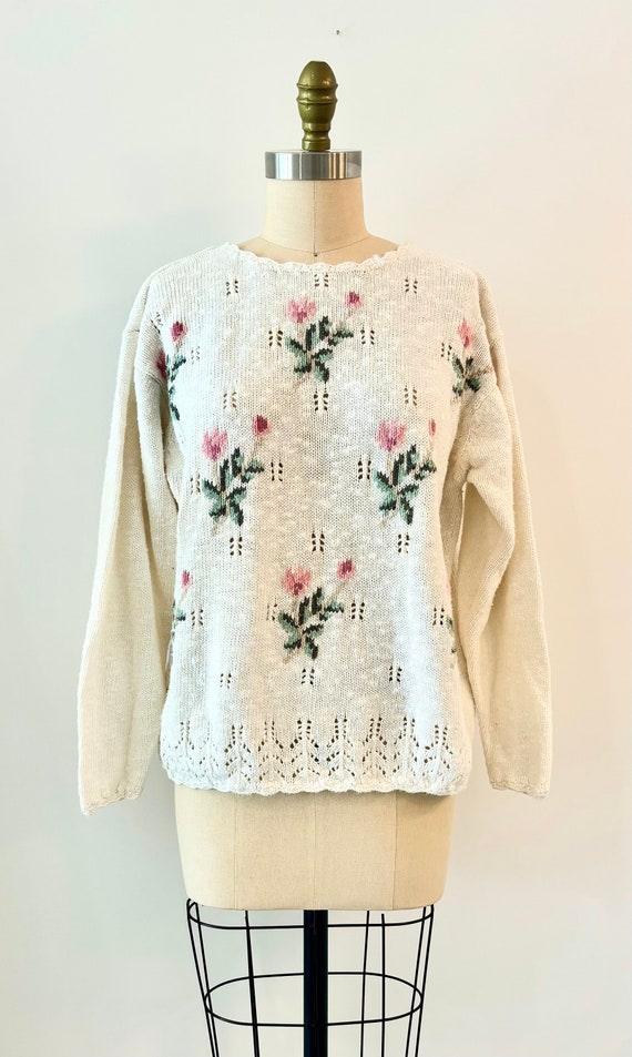 Vintage Tulip Spring Floral Knit Sweater - White R