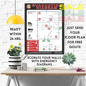 May include: A red and white evacuation diagram poster with a floor plan of a building. The poster includes instructions for what to do in case of fire and a legend of symbols. The poster is titled "Evacuation Diagram" and has the text "Decorate Your Walls With Emergency Diagrams" at the bottom.