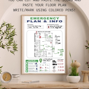 Peut inclure: Une affiche encadrée de plan d'urgence et d'informations avec un plan d'étage de maison, des instructions d'urgence et des numéros de contact. L'affiche comprend le texte "YOU CAN CUT AND PASTE THE ICONS AND PASTE YOUR FLOOR PLAN WRITE/MARK USING COLORED PENS!"