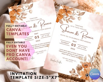 Orange Floral Wedding Invitation Template: Editable Canva Design (5x7" Digital Download)