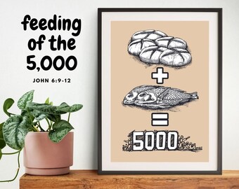 Jesus Feeds 5000 Print: Bible Art, Minimalist Christian Decor (Downloadable)