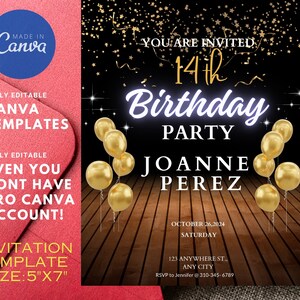 Birthday Invitation Gold and Black, Editable Birthday Invite, Any Age, Printable Digital Download, Editable Templates in Canva 2