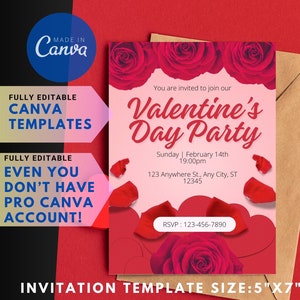 Può includere: Modello di invito per la festa di San Valentino con rose rosse e petali. L'invito include il testo "Valentine's Day Party" e le informazioni RSVP. Il modello misura 12,7 cm x 17,8 cm. Modelli Canva completamente modificabili.