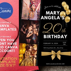 Birthday Invitation Gold and Black, Editable Birthday Invite, Any Age, Printable Digital Download, Editable Templates in Canva