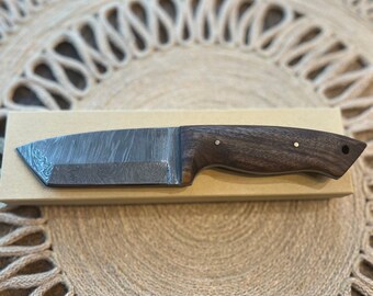 Damascus Tanto Knife Walnut Grips Camping Custom Hardwood Grips Damascus Steel