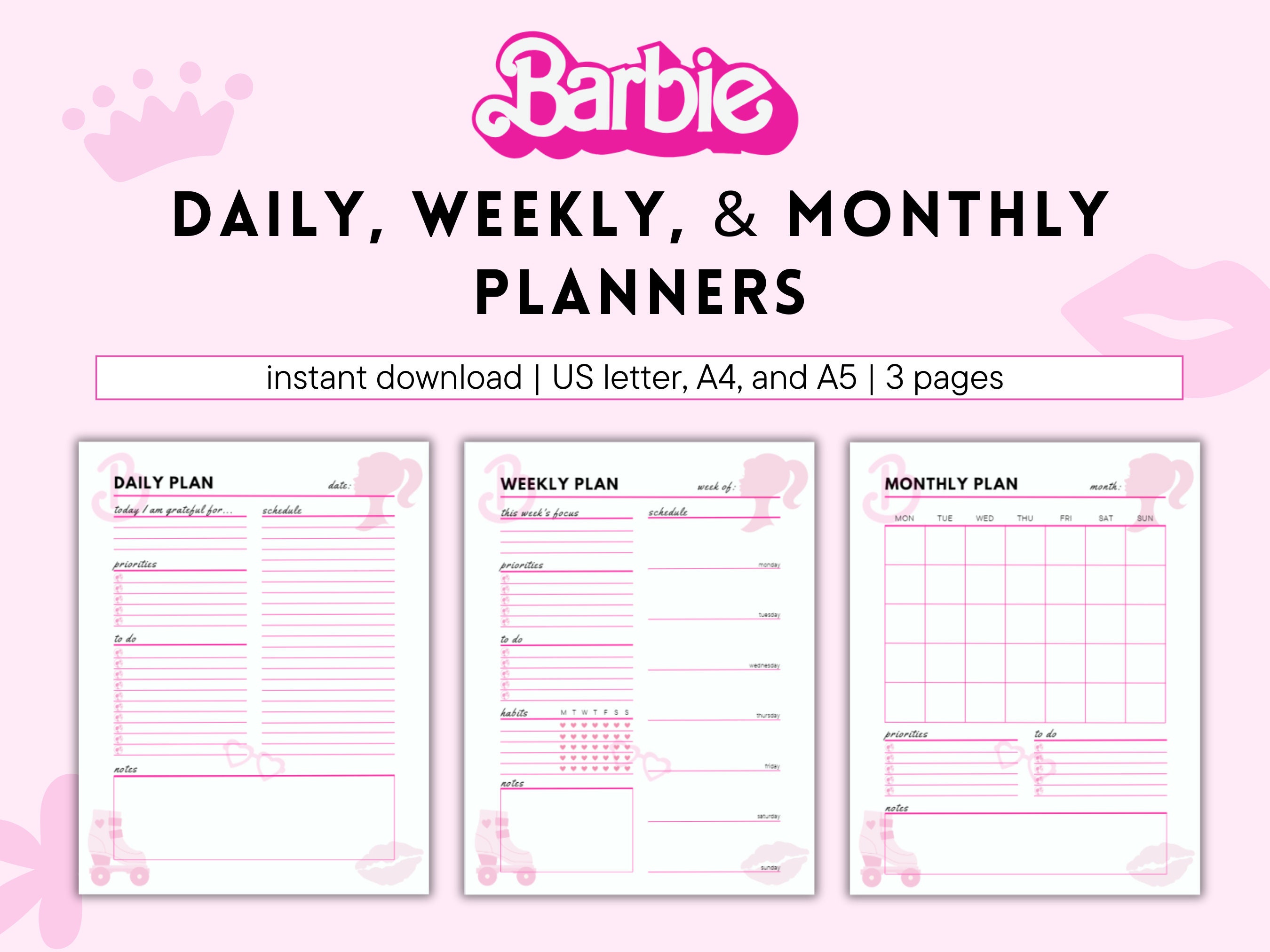 Barbie Planner Printable Pack Daily Planner Weekly Planner Etsy