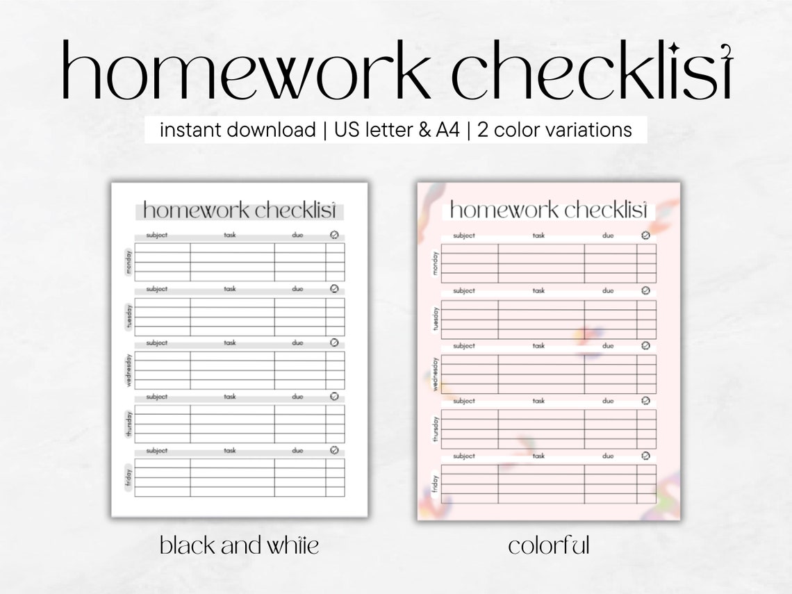 Homework Checklist Printable Planner Printable for Students Etsy