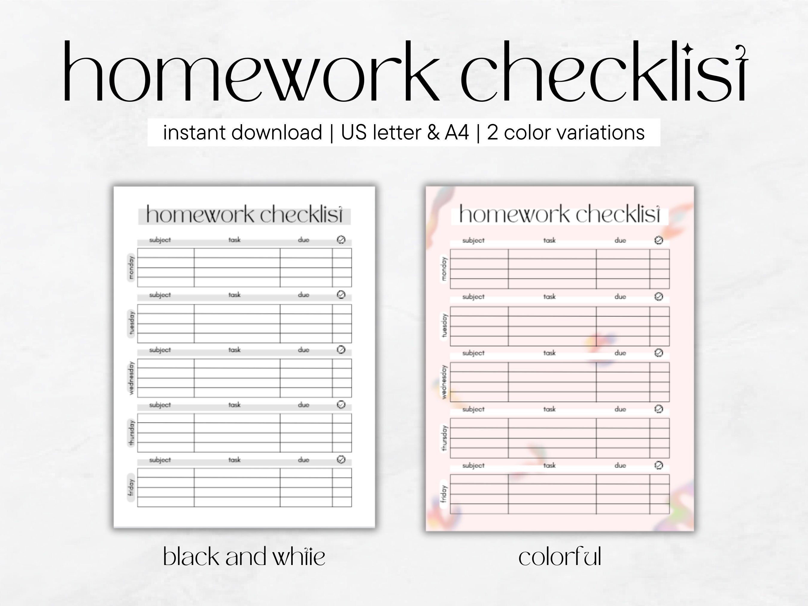 Homework checklist printable planner printable for students etsy