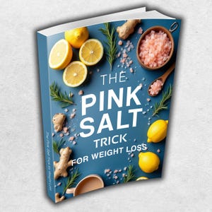 Może przedstawiać: Okładka książki z tytułem "The Pink Salt Trick For Weight Loss" w białym tekście na turkusowym tle. Okładka zawiera cytryny, imbir, rozmaryn i różową sól w drewnianej misce i łyżce.