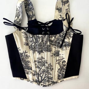 Overbust Corset, Renaissance Corset, Toile de Jouy Print Corset, Black and White Corset, Plus Size Corset, Back-Tie Corset