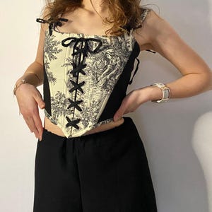 Toile-tryckt snörningskorsetttopp – Renässanskorsett i vintagestil bild 1