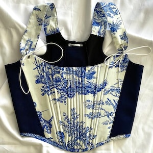 Overbust Navy Blue Corset, Renaissance Corset, Toile de Jouy Print Corset, Black and White Corset, Plus Size Corset, Back-Tie Corset